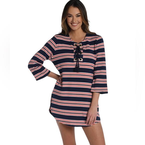NWOT La Blanca Sailor Striped Tie Neck Cover Up Tunic in Indigo – Sz Med - Picture 1 of 8